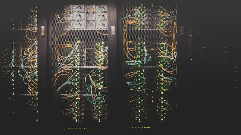 Painel traseiro de racks de rede com cabos organizados